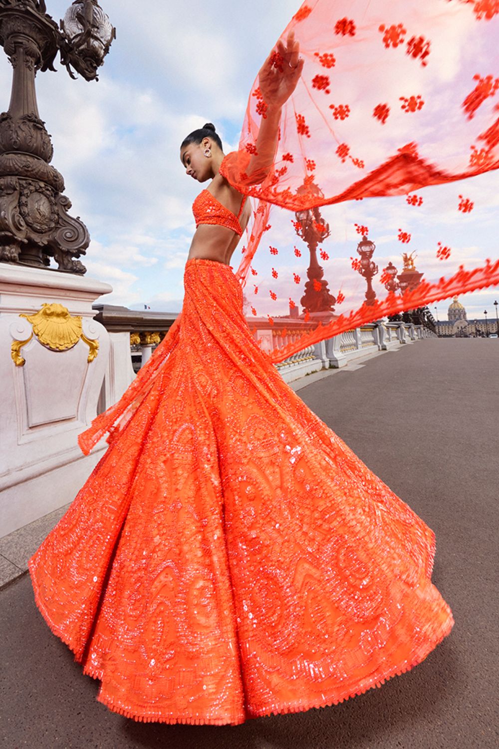 Neon Orange Sequin Lehenga Set