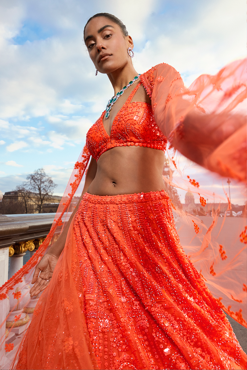 Neon Orange Sequin Lehenga Set