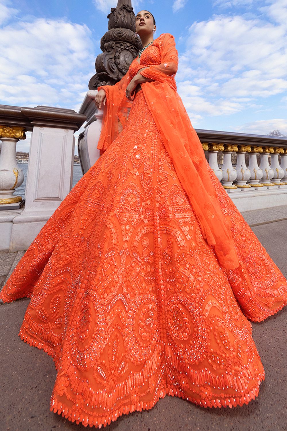 Neon Orange Sequin Lehenga Set