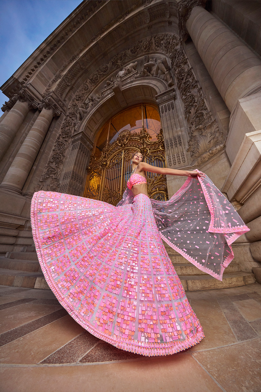 Neon Peach Pink Sequin Lehenga Set