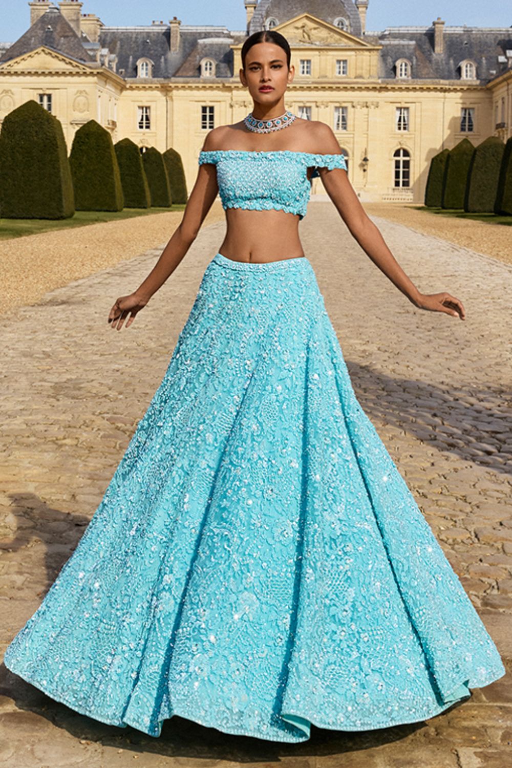 Turquoise Sequin Lehenga Set