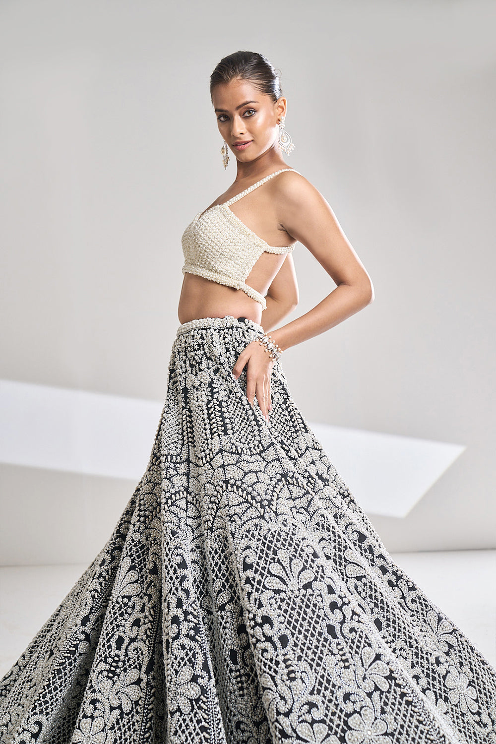 Black & White Pearl Lehenga Set