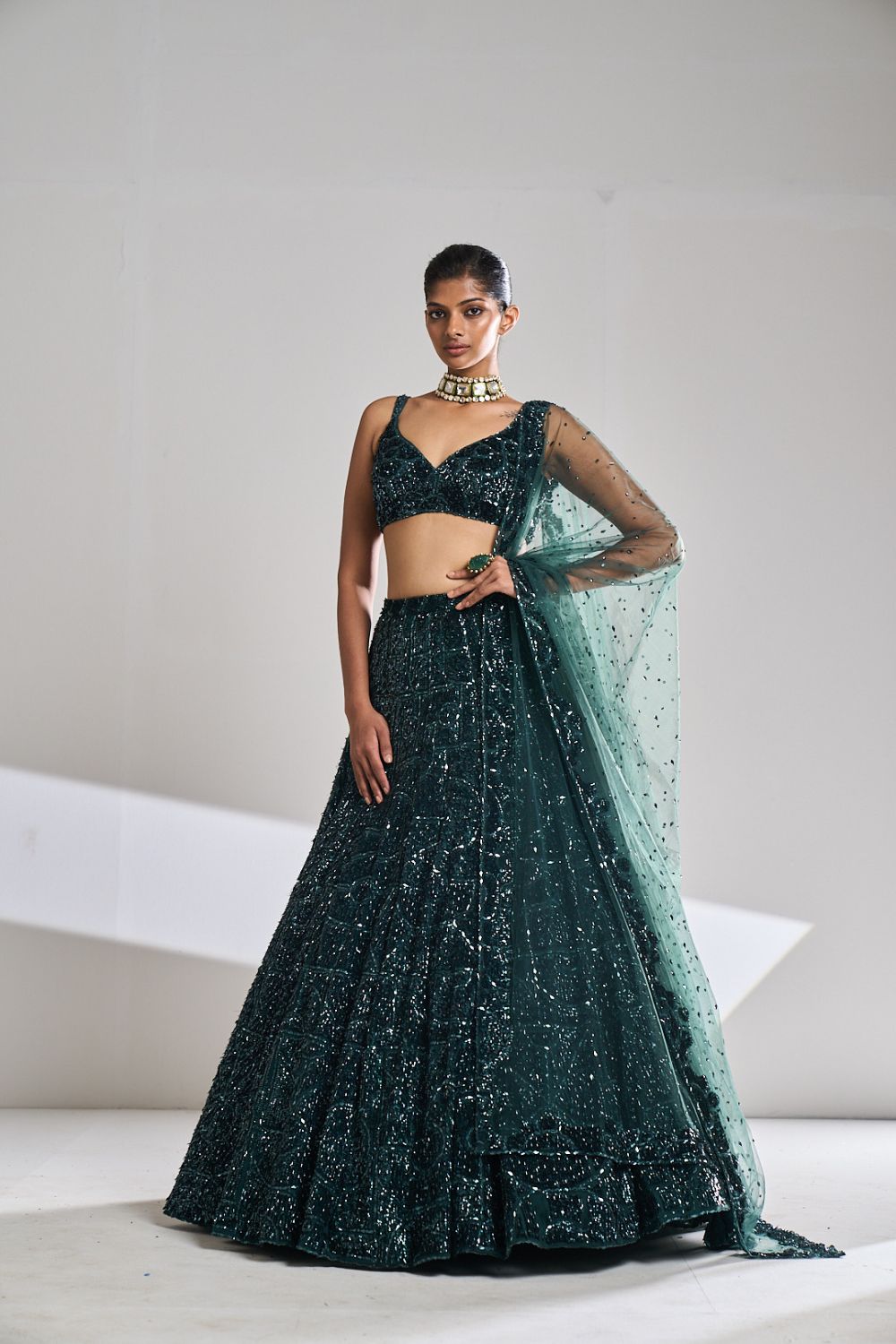 Dusty Teal Sequin Lehenga Set