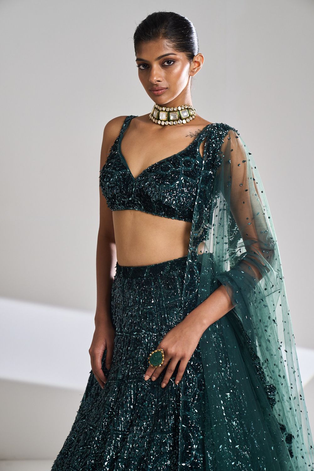 Dusty Teal Sequin Lehenga Set