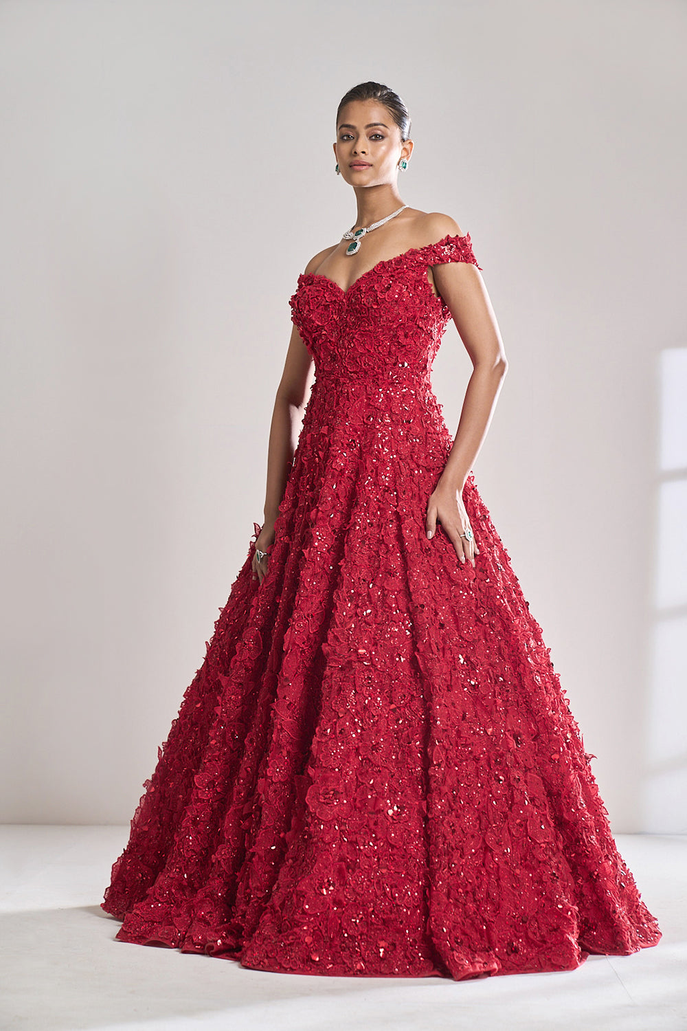 Red Three-Dimensional Off shoulder Gown