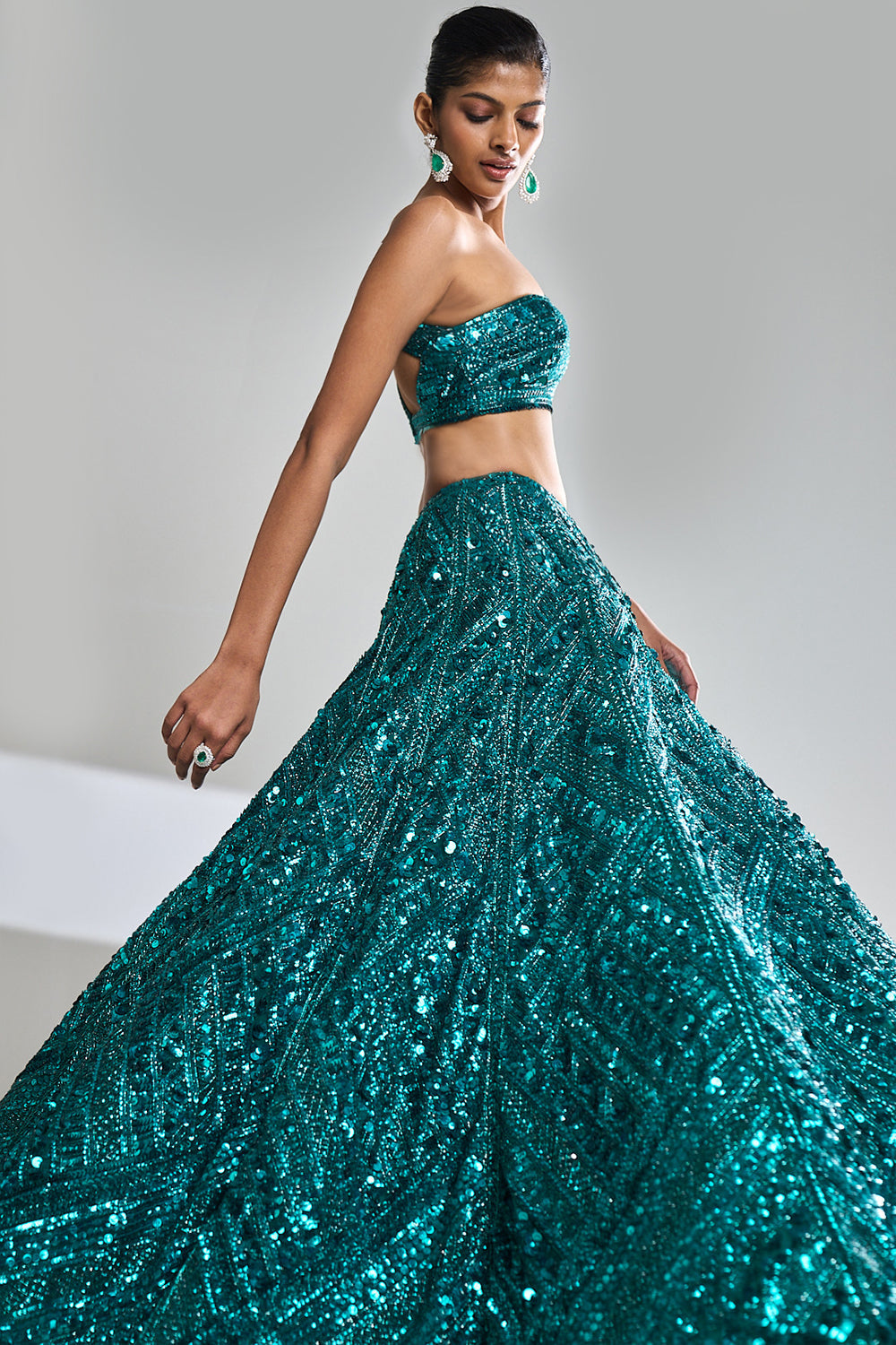 Teal Sequin Lehenga Set