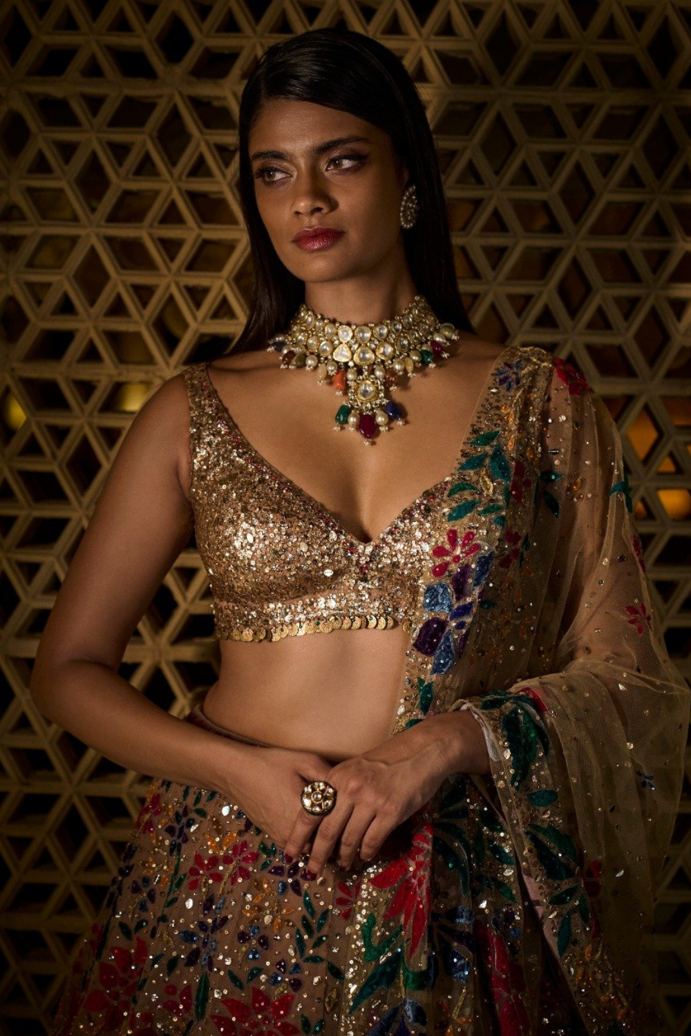 Gold Multi-Coloured Floral Lehenga Set