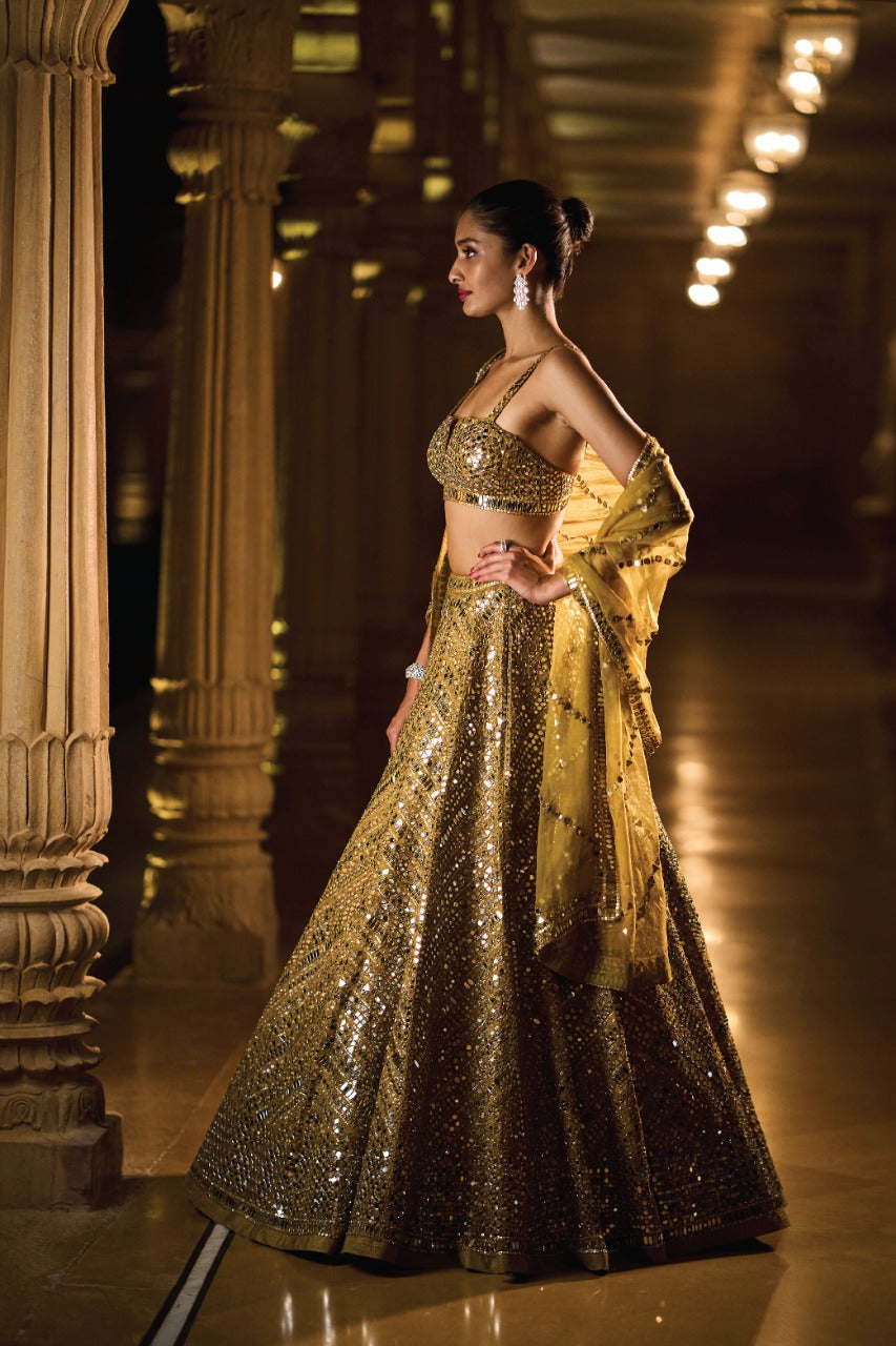 Olive Green Mirror Work Lehenga Set