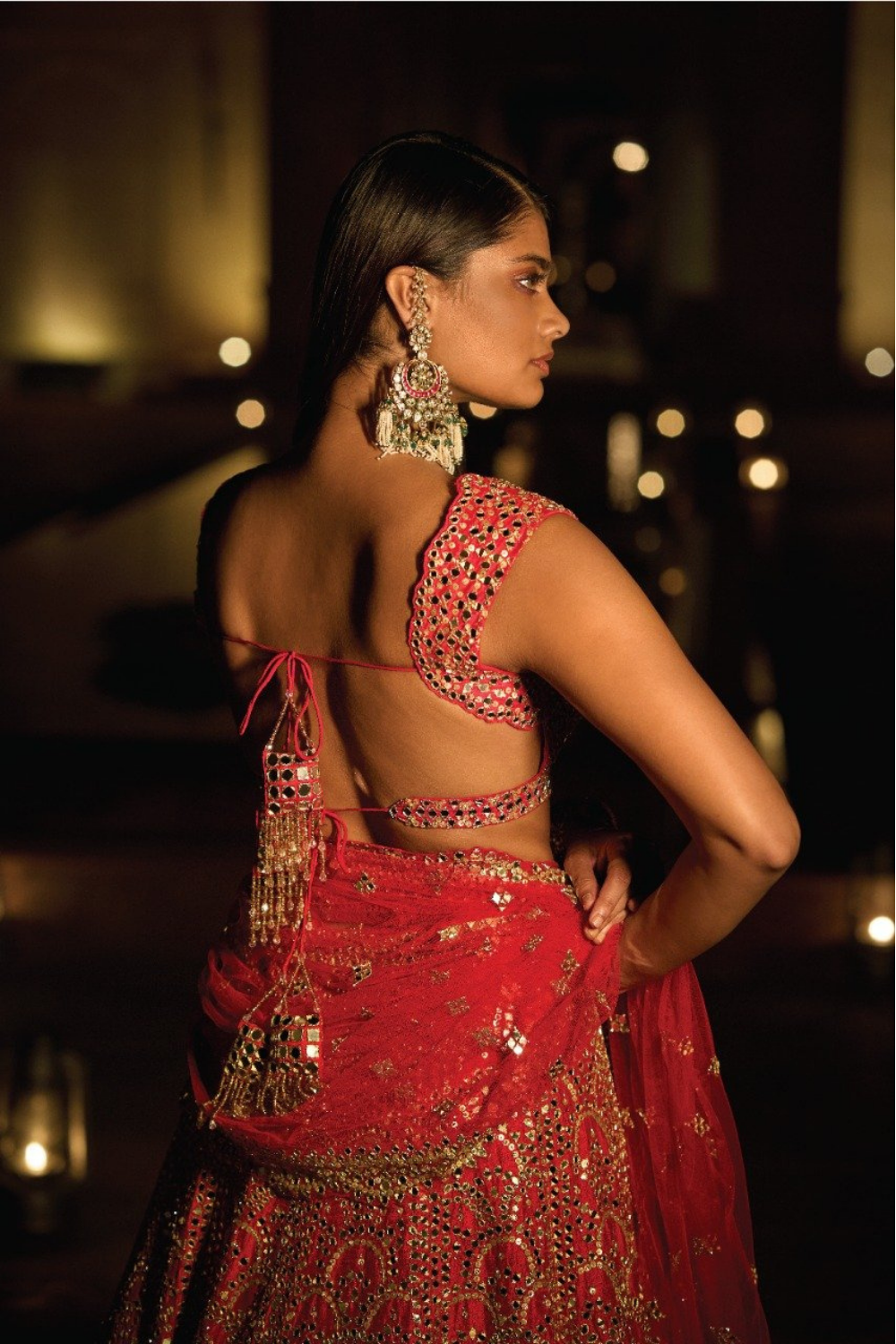 Red Mirror Work Lehenga Set