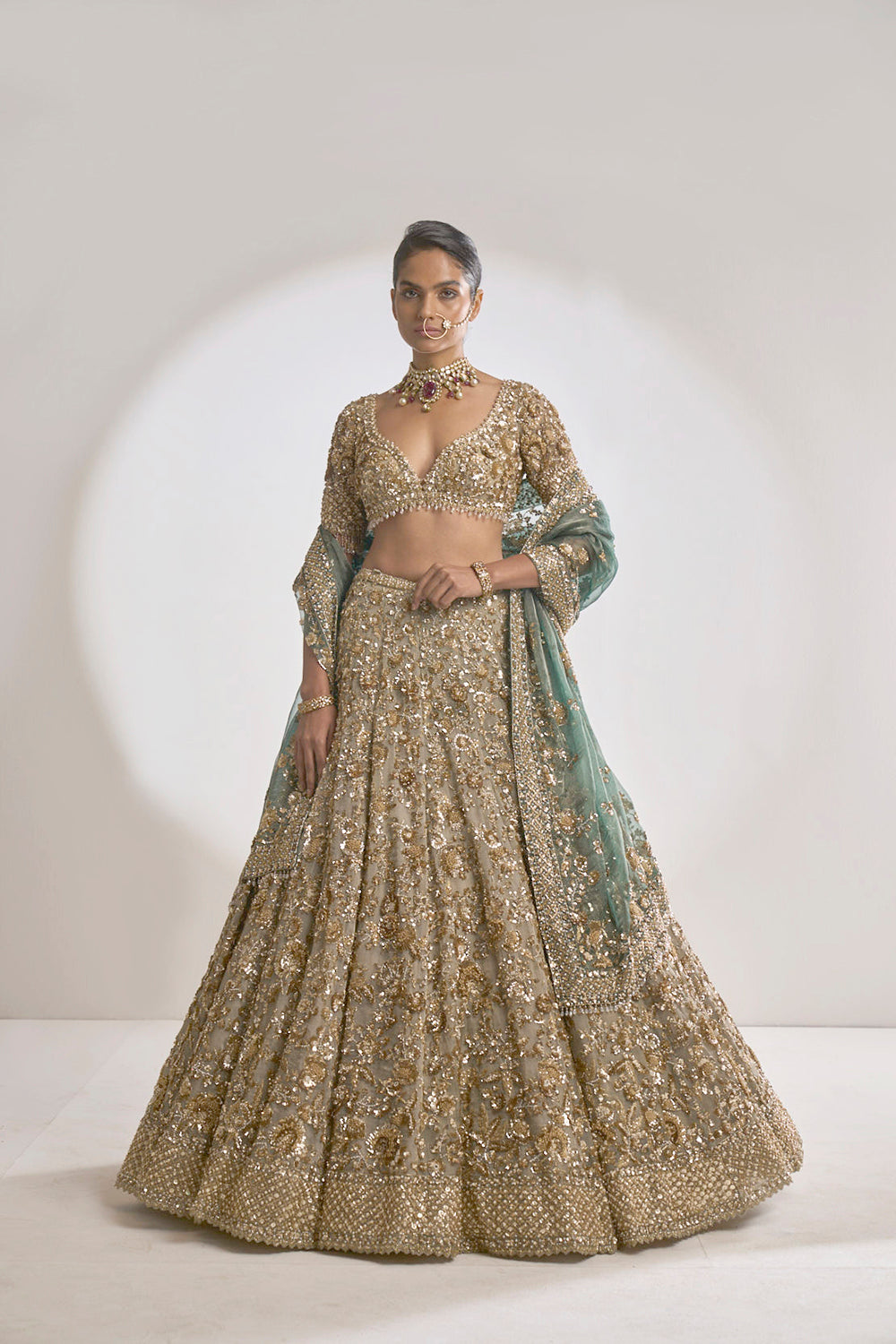 Champagne Zardozi Lehenga Set