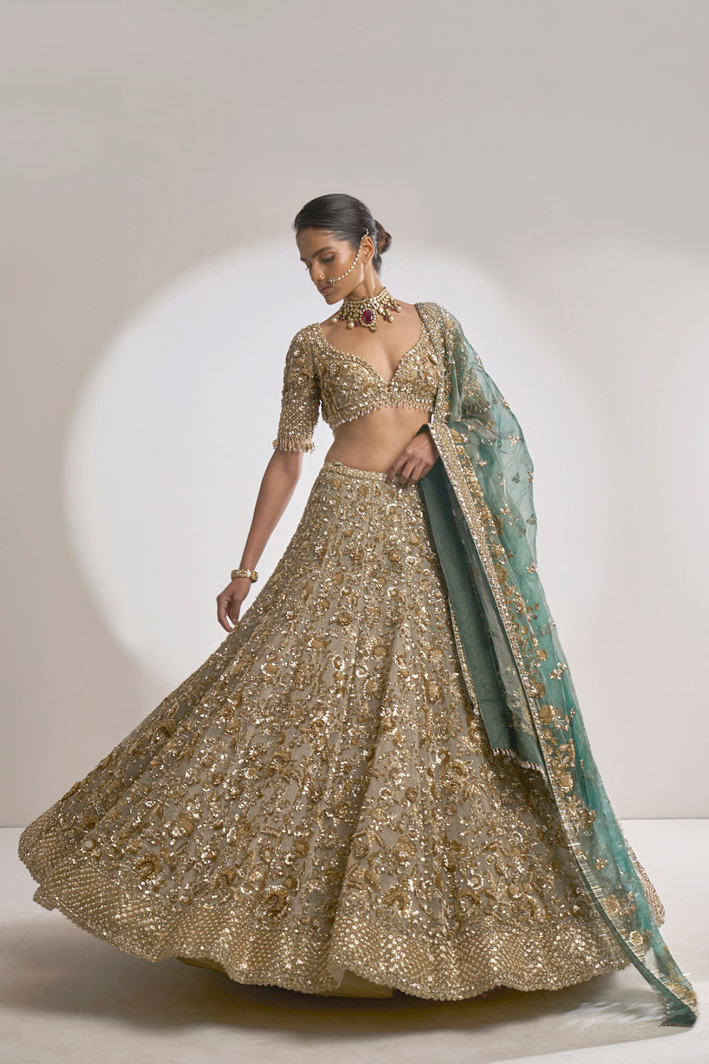 Champagne Zardozi Lehenga Set