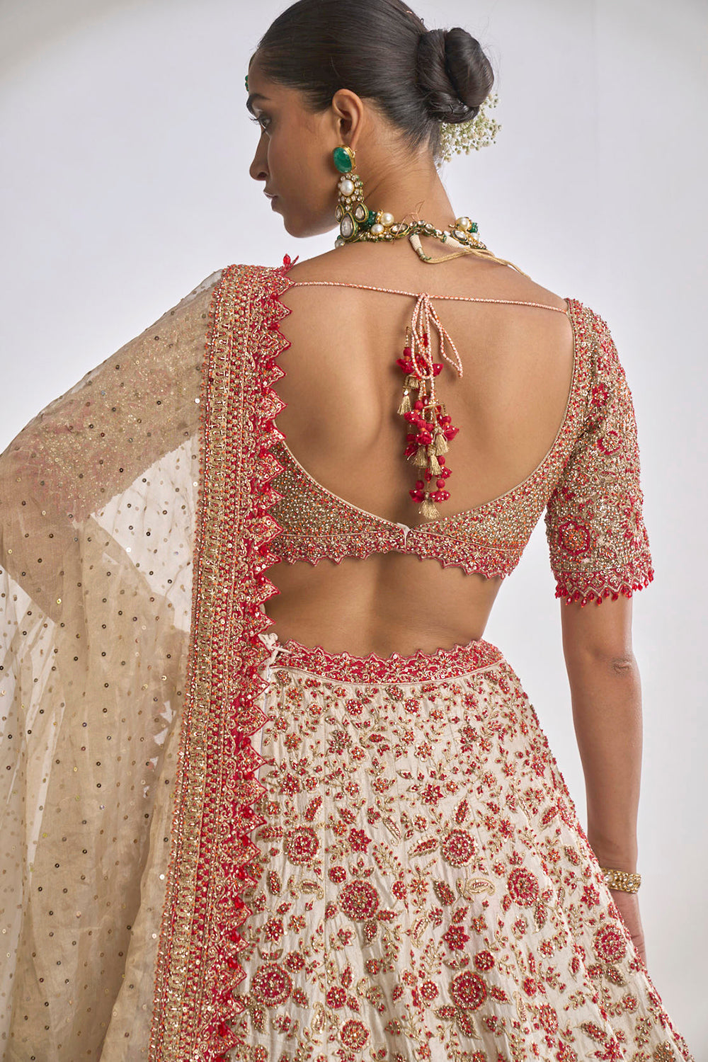 Cream Red Zardozi Lehenga Set