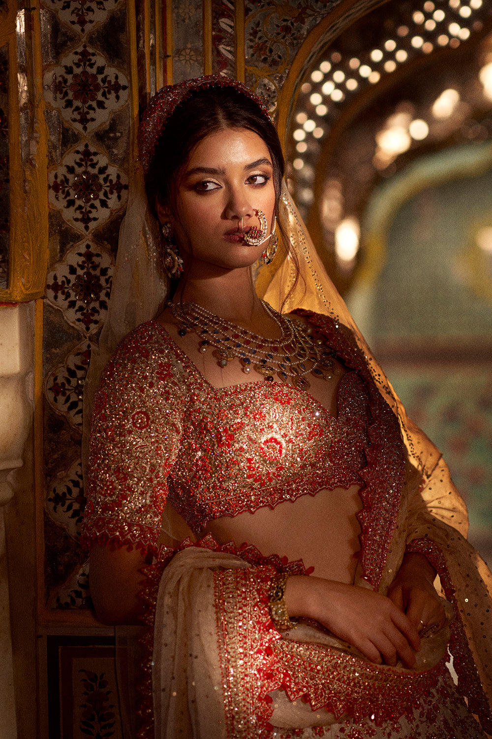 Cream Red Zardozi Lehenga Set