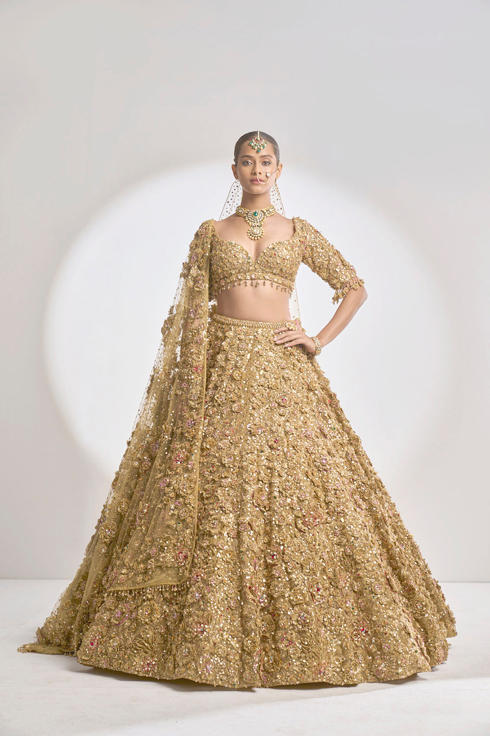 Gold Three-Dimensional Jewel Lehenga Set