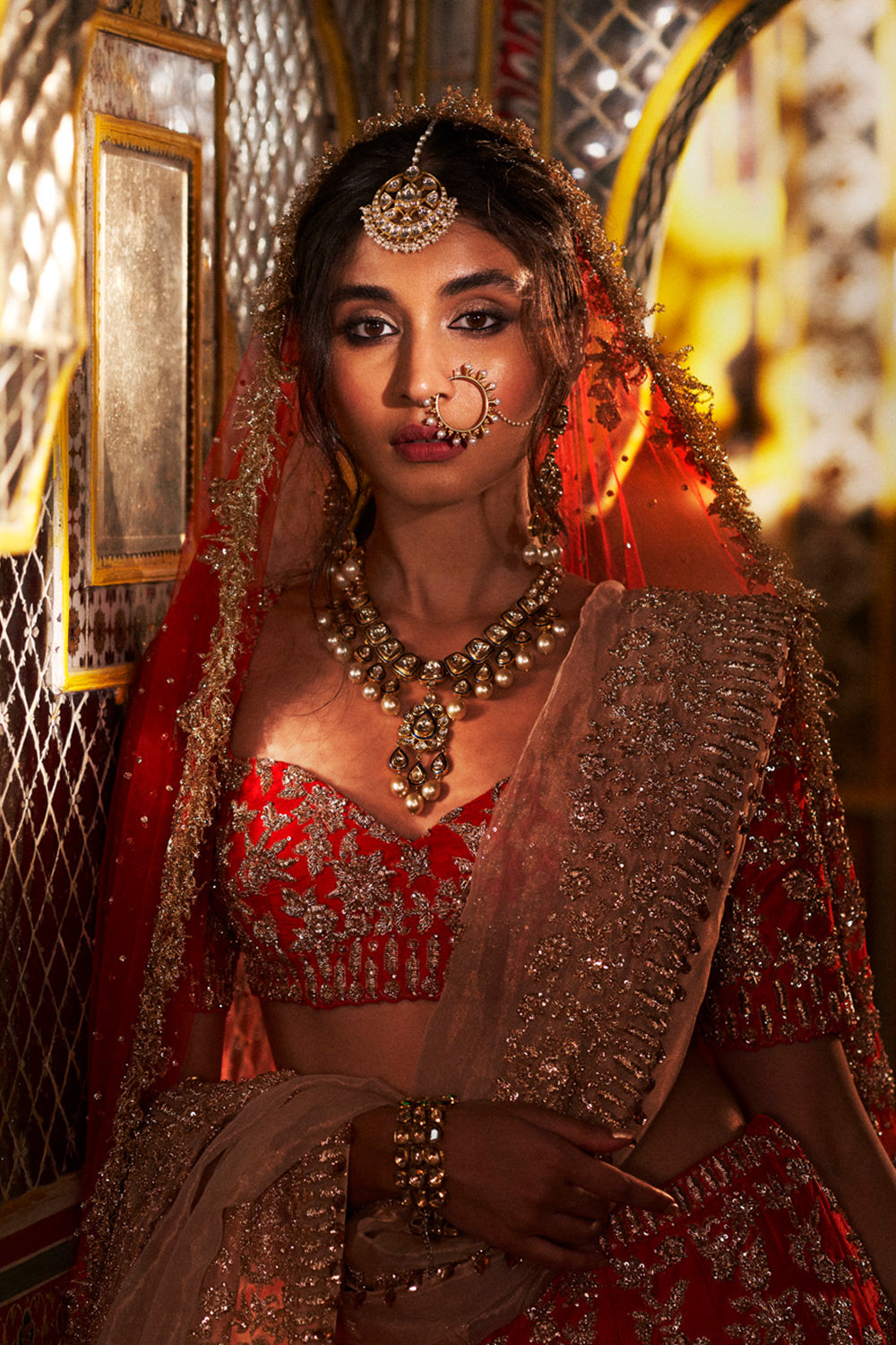 Red Rose Gold Zardosi Lehenga Set