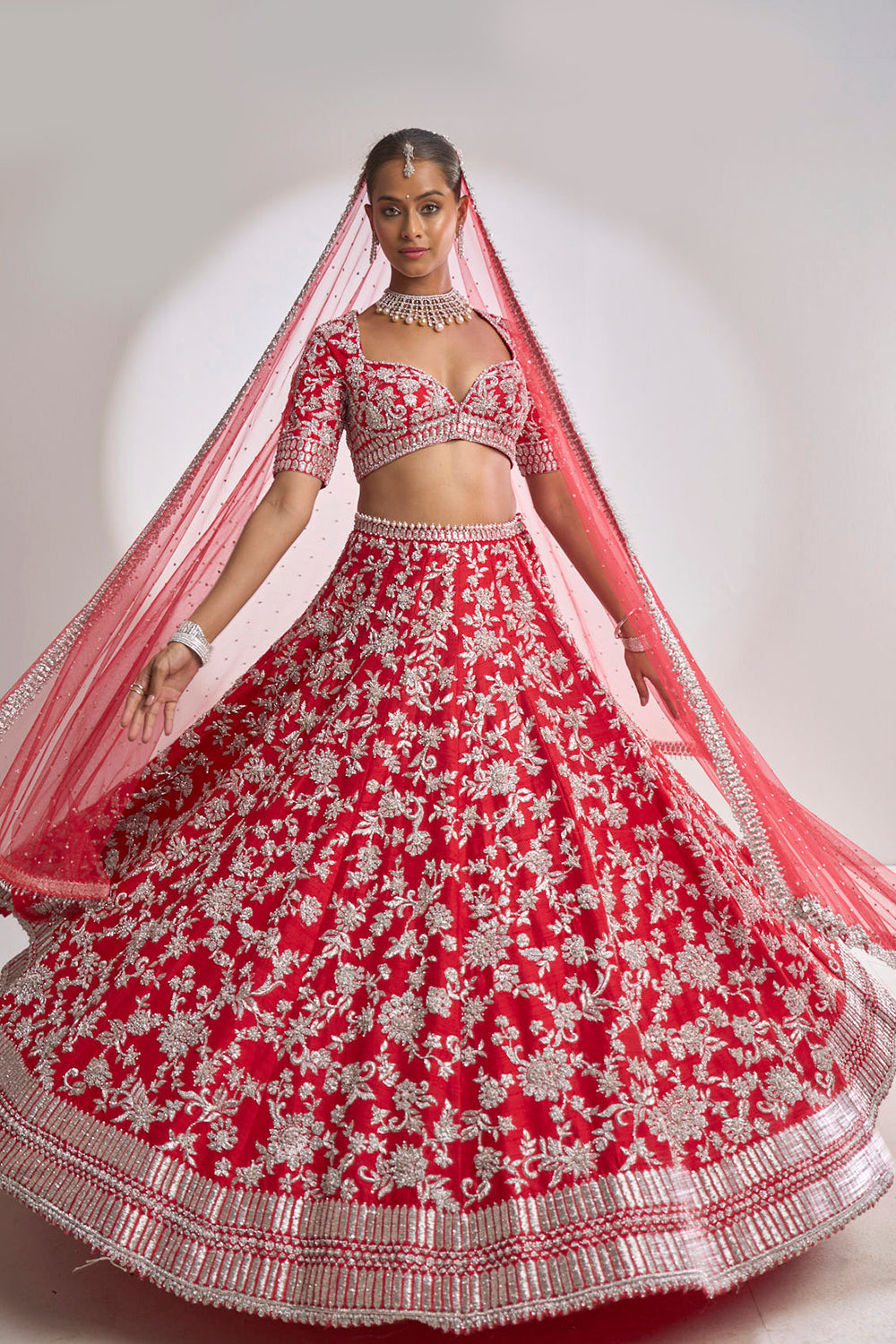 Red Silver Zardozi Lehenga Set