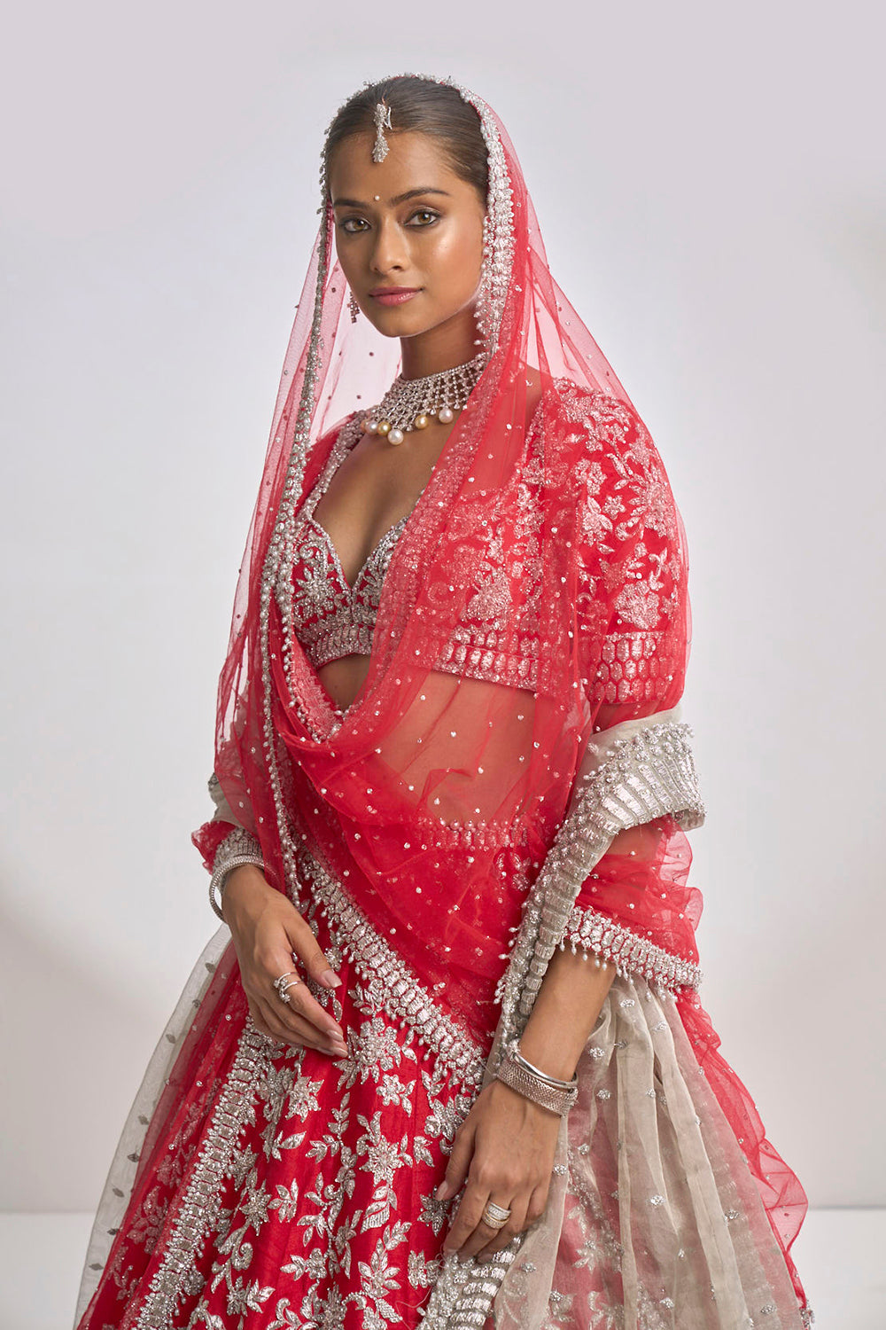 Red Silver Zardozi Lehenga Set