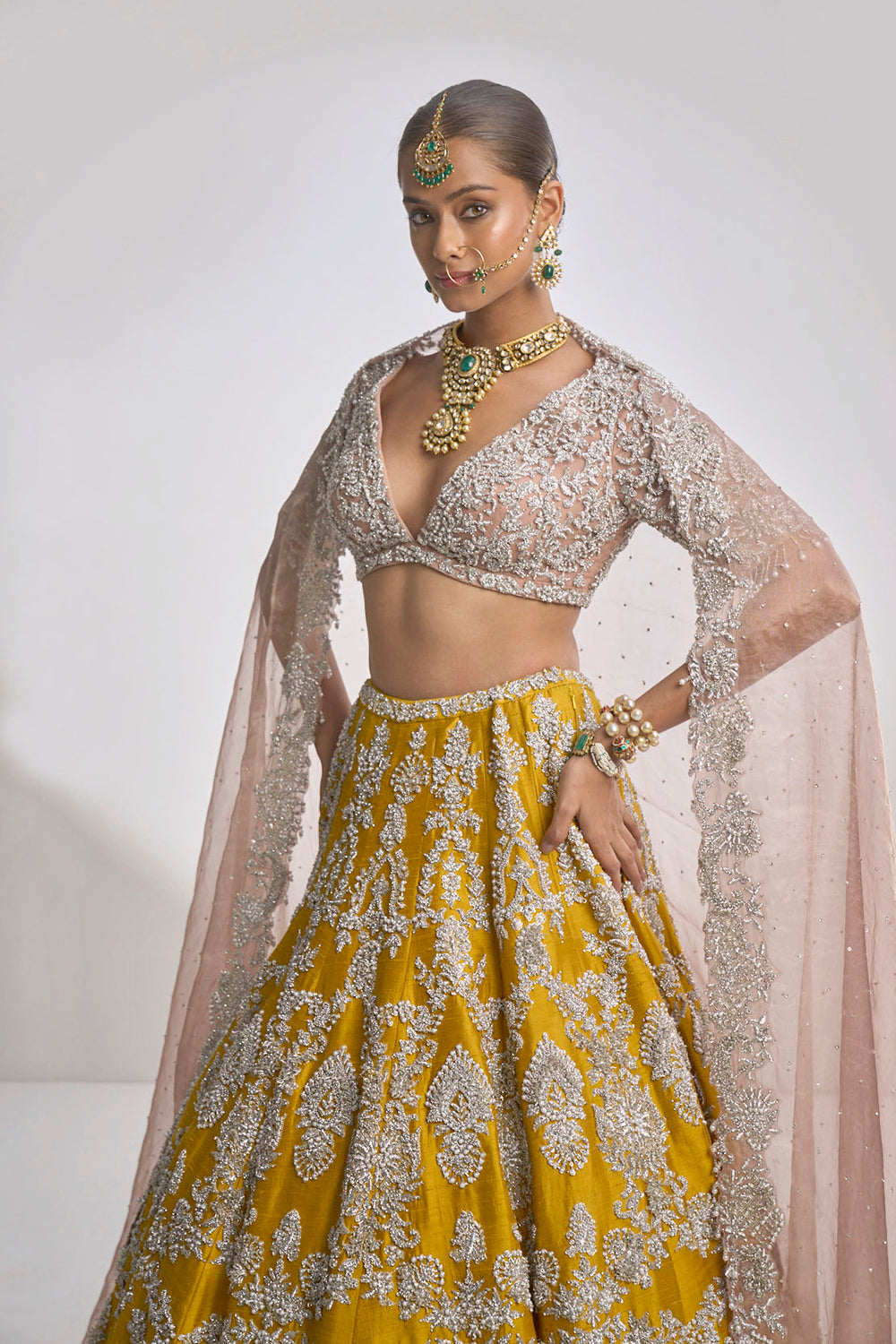 Yellow Silver Zardozi Lehenga Set