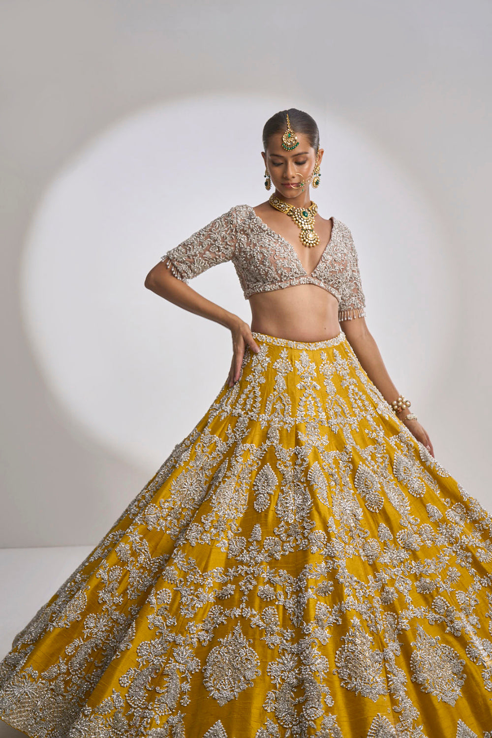 Yellow Silver Zardozi Lehenga Set