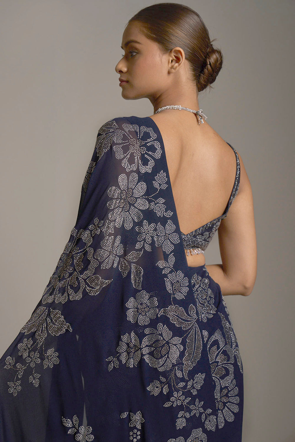 Navy Blue Crystal Saree