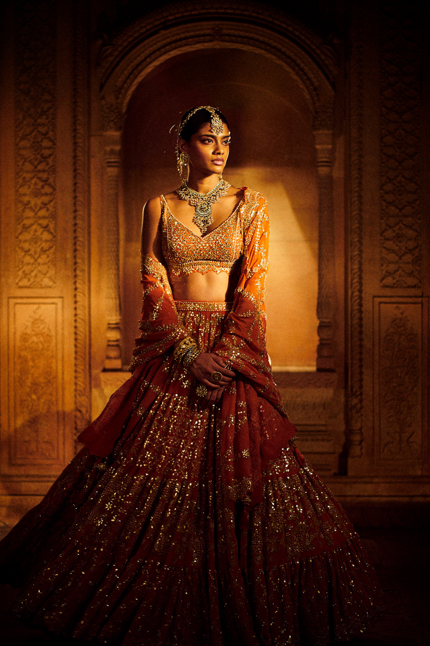 Rust Multi-Tiered Lehenga Set