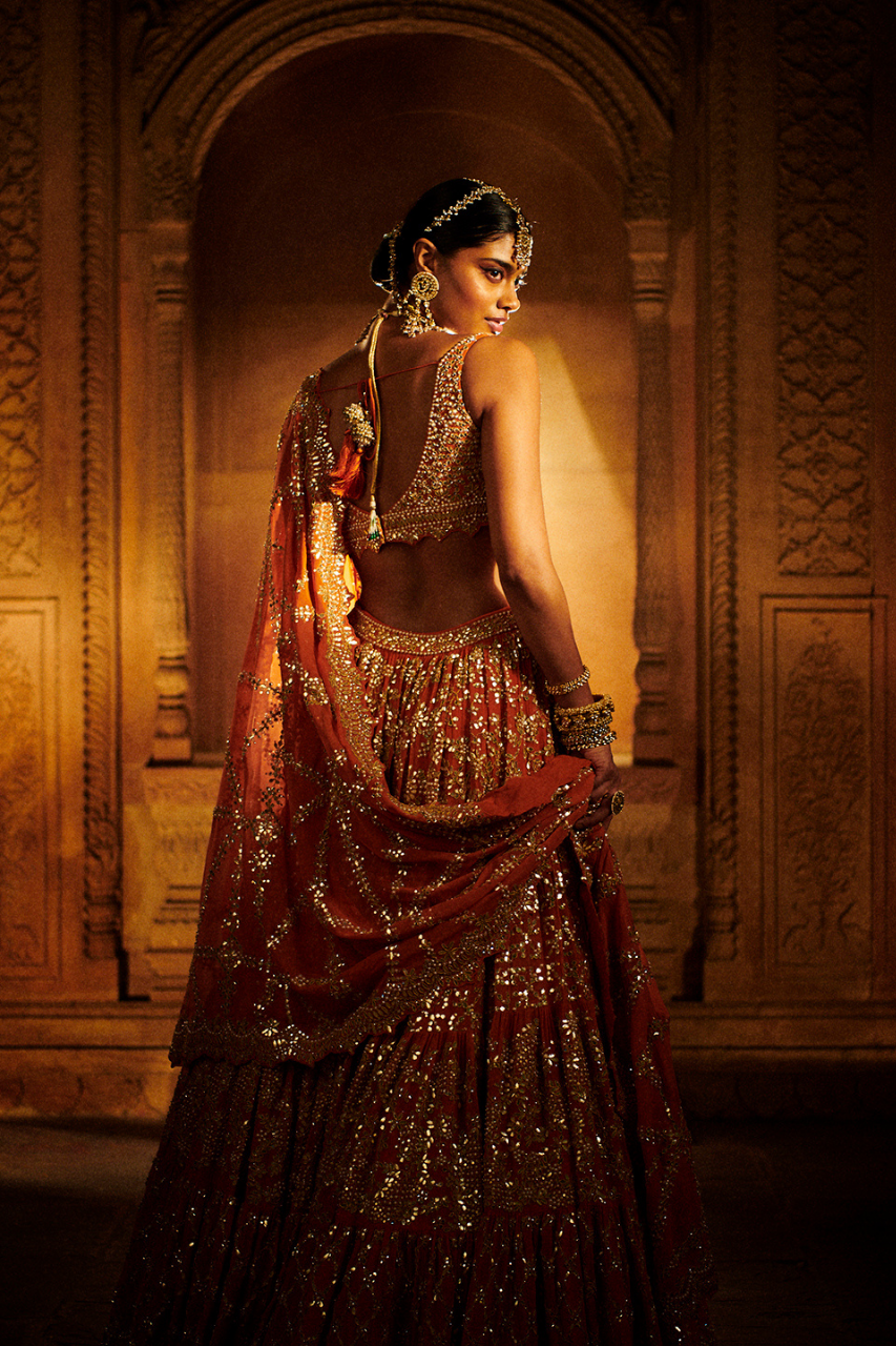 Rust Multi-Tiered Lehenga Set