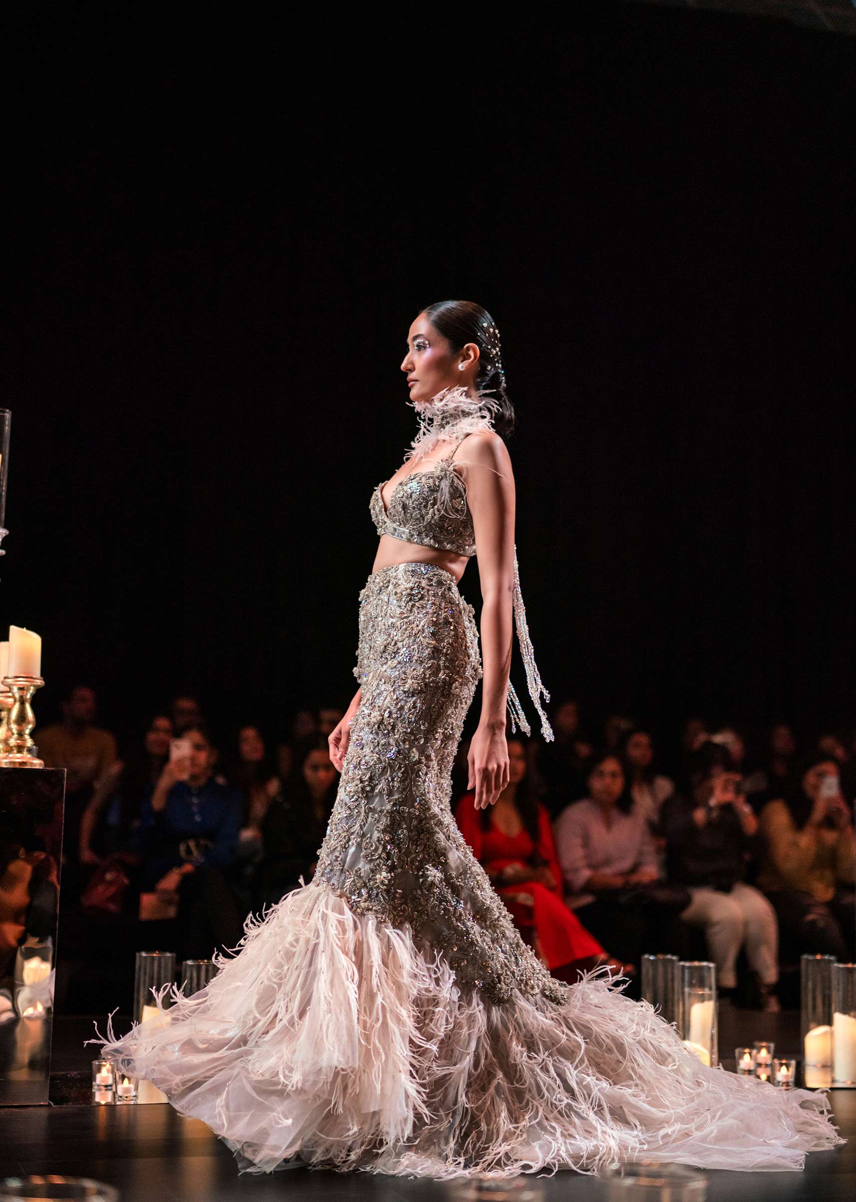 Beige Lehenga With 3D Feathers And Choker Dupatta