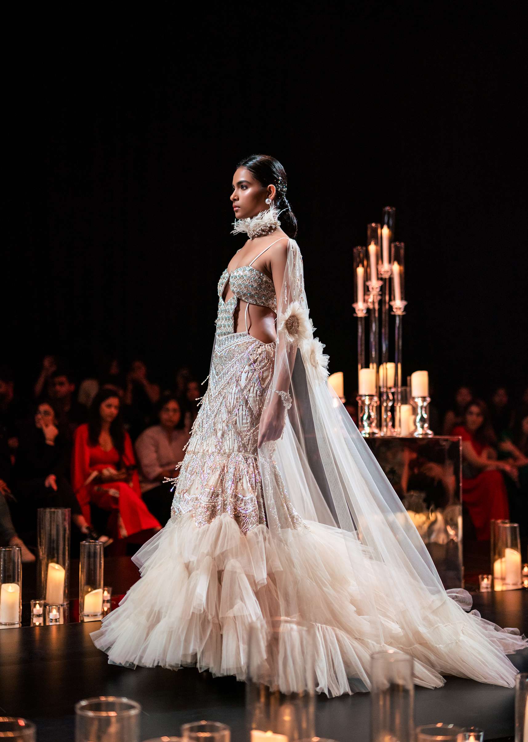 White Frill Long Jacket And Gown With Pearl Embroidery