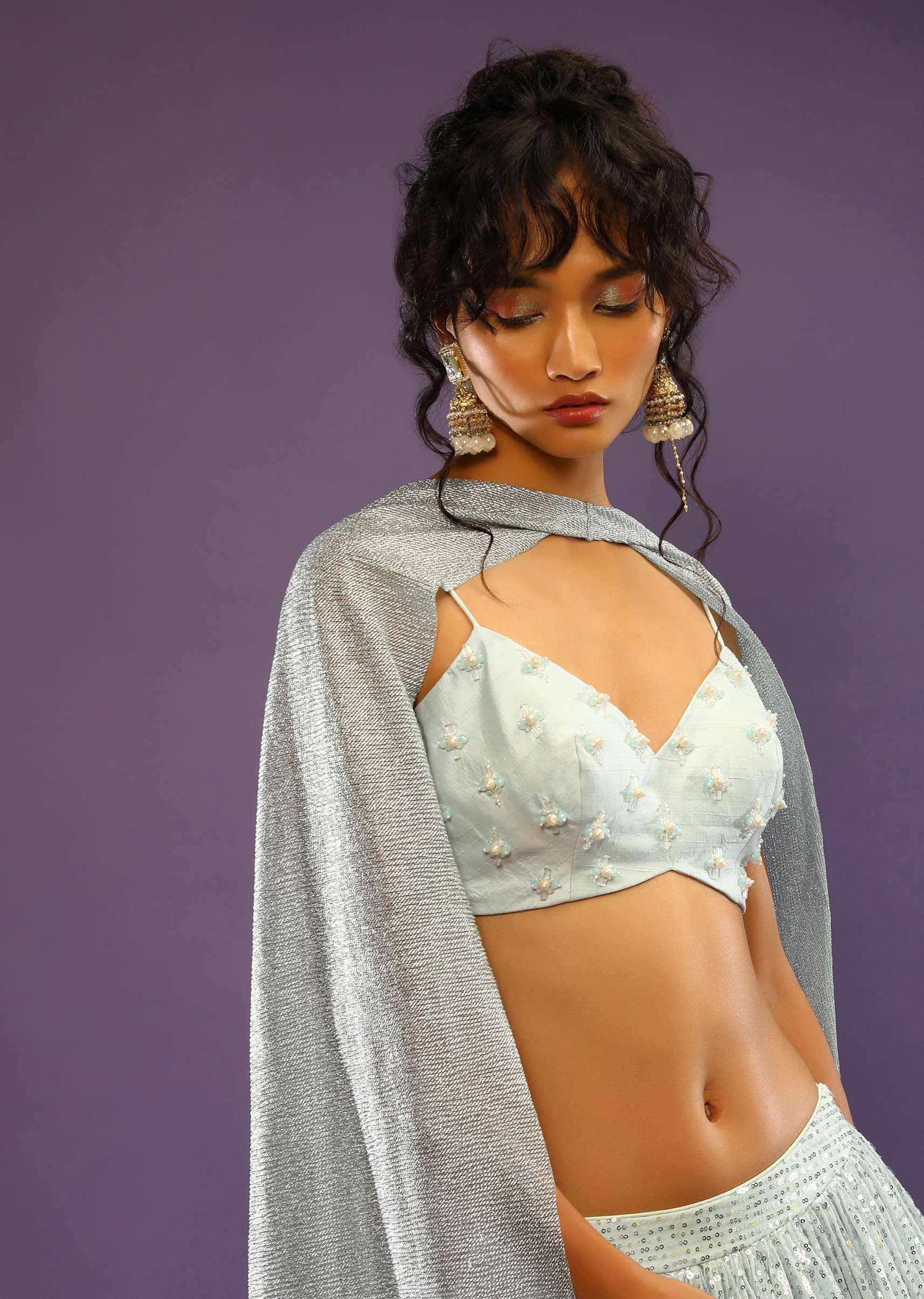Sky Blue Sequins Lehenga With Moti Embroidered Crop Top And Shimmer Dupatta