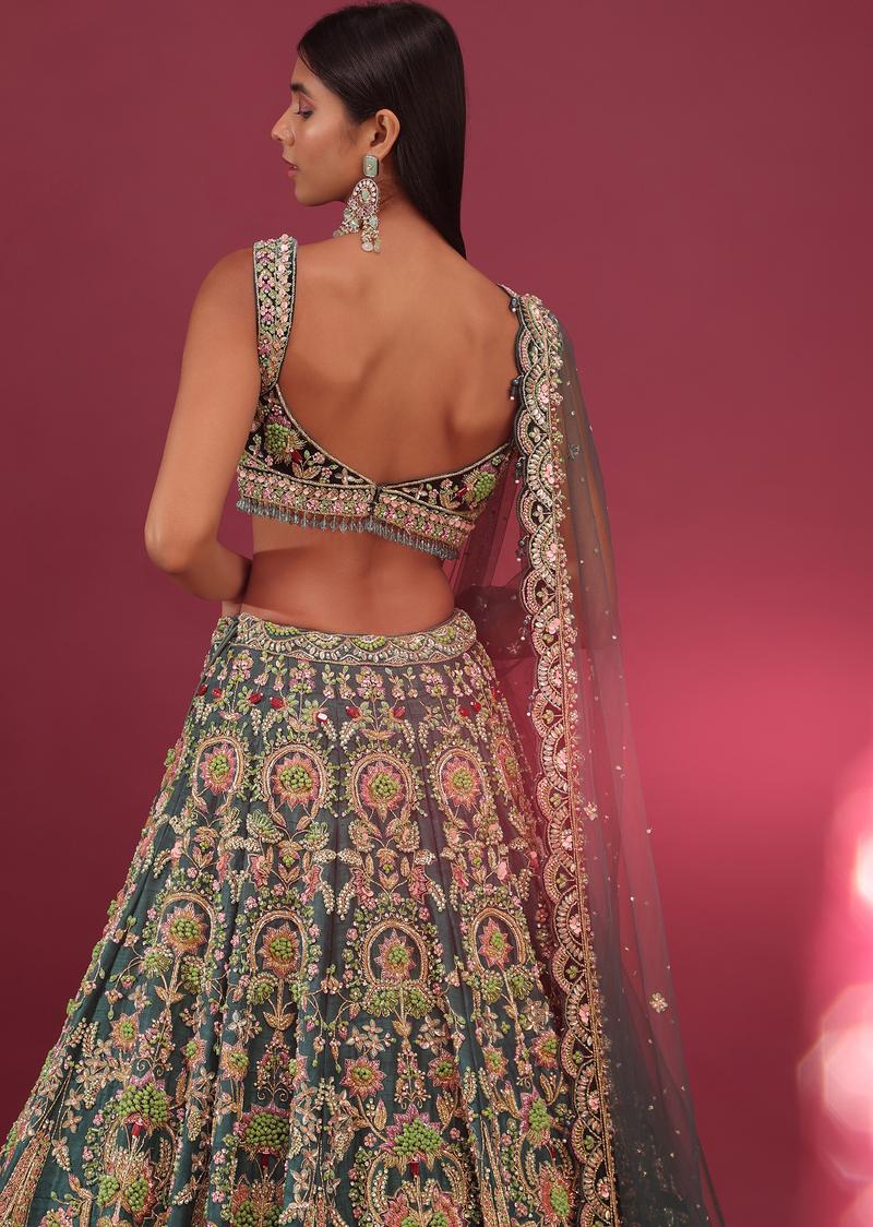 Peacock Green Bridal Lehenga In Raw Silk With Embroidery - Noor 2022