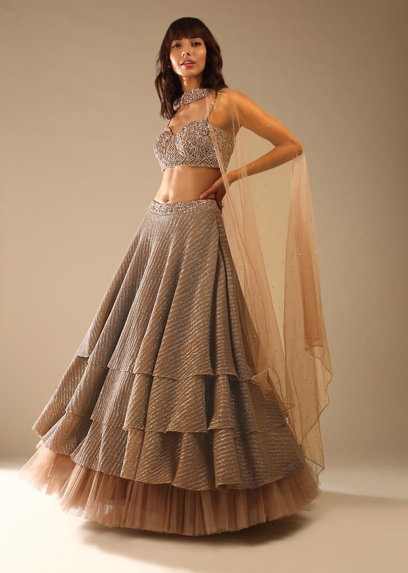 Taupe Layered Sequins Lehenga With Net Frill On The Hem And Cut Dana Embroidered Choli And Choker Dupatta