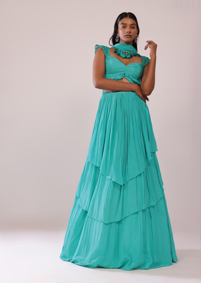 Teal Blue Layered Lehenga And Blouse Set With Choker Dupatta In Crepe