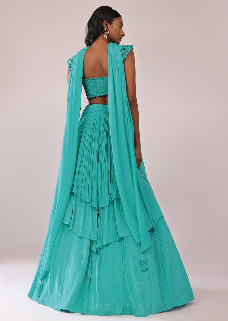 Teal Blue Layered Lehenga And Blouse Set With Choker Dupatta In Crepe