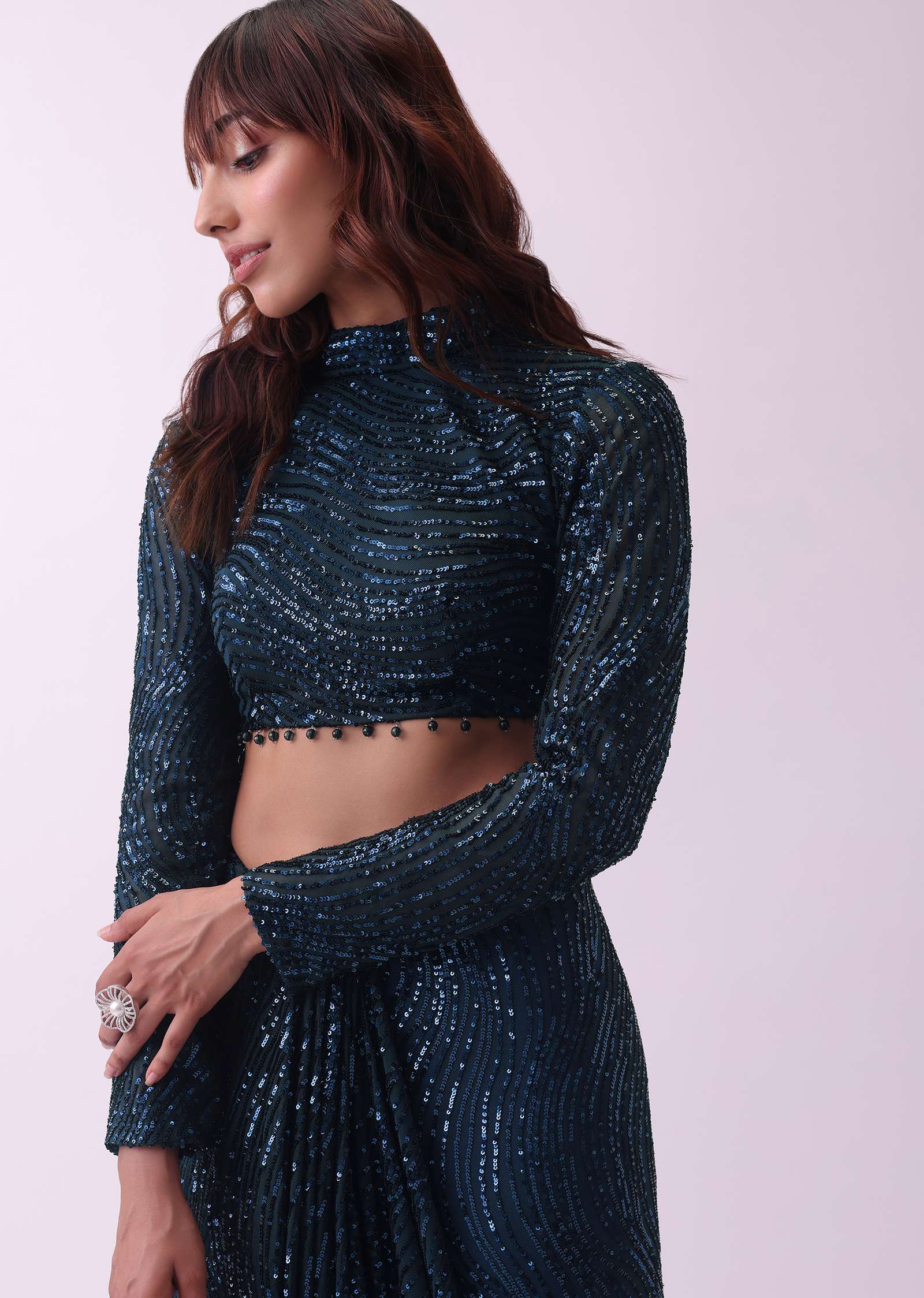 Teal Blue Sequins Saree And Blouse With Hanging Crystals