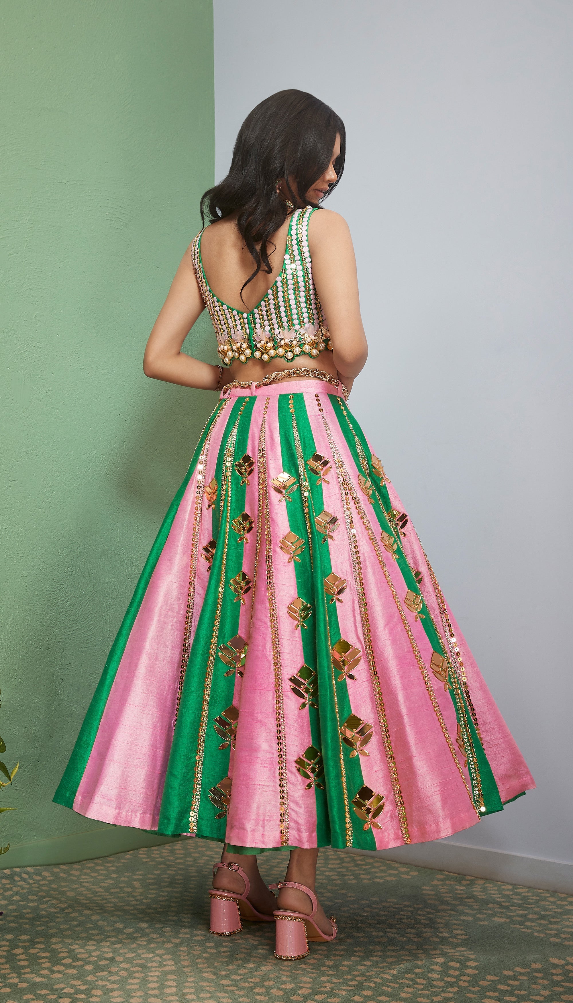 Pink Emerald- Pink And Green Strips Half Lehenga Set