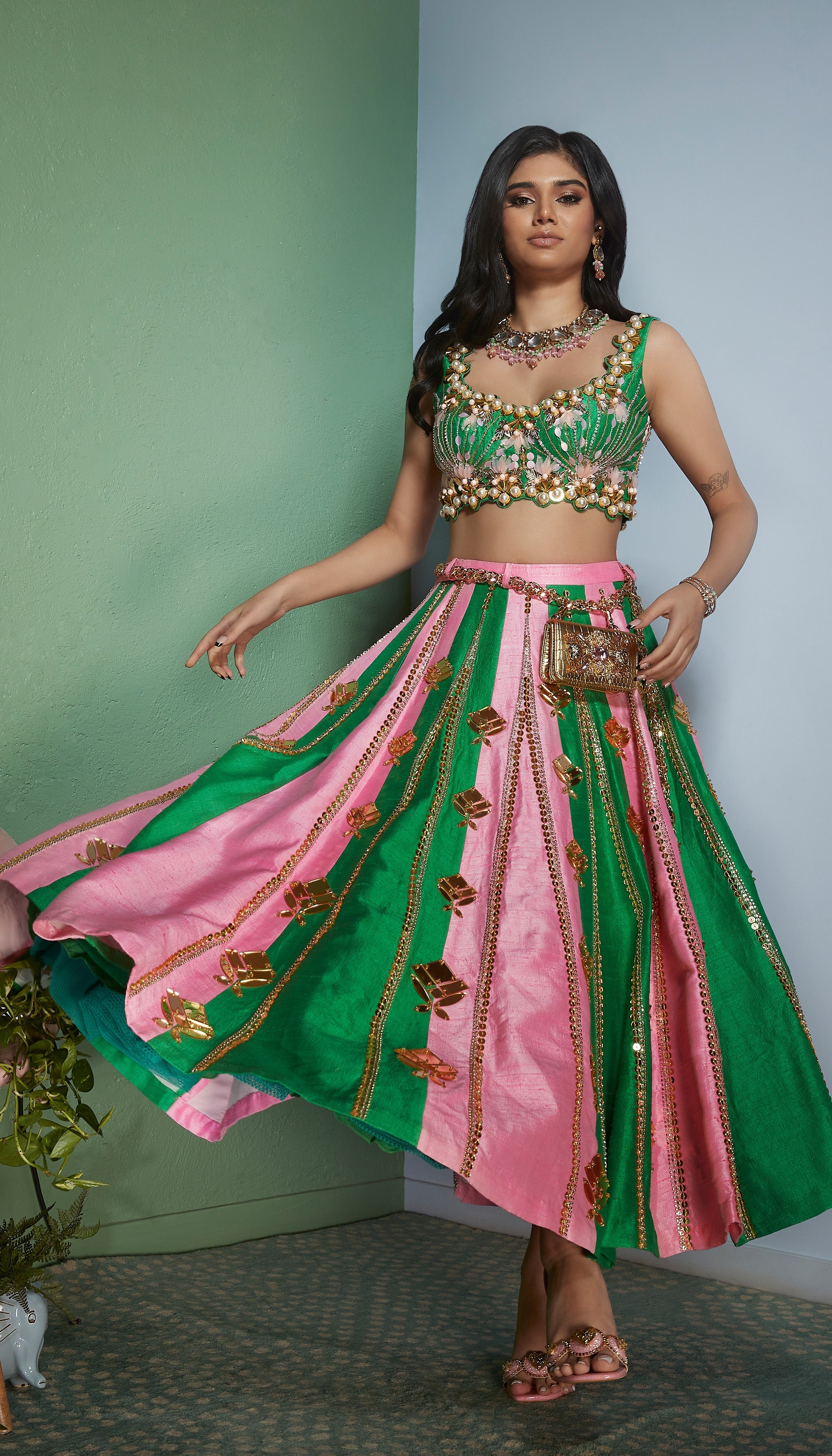 Pink Emerald- Pink And Green Strips Half Lehenga Set