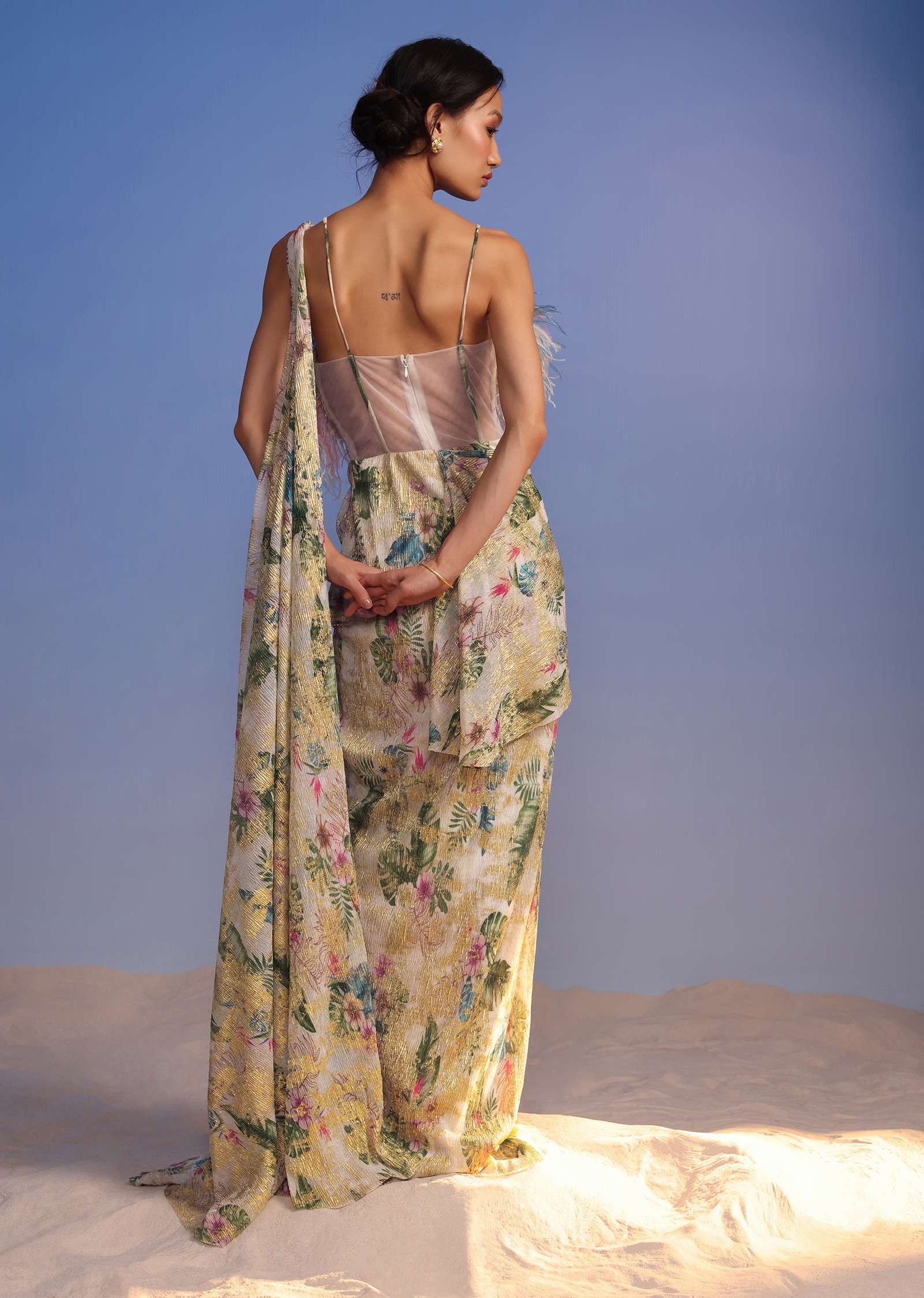 White Ready-To-Wear Saree In Crush With Floral Print And Feather Blouse