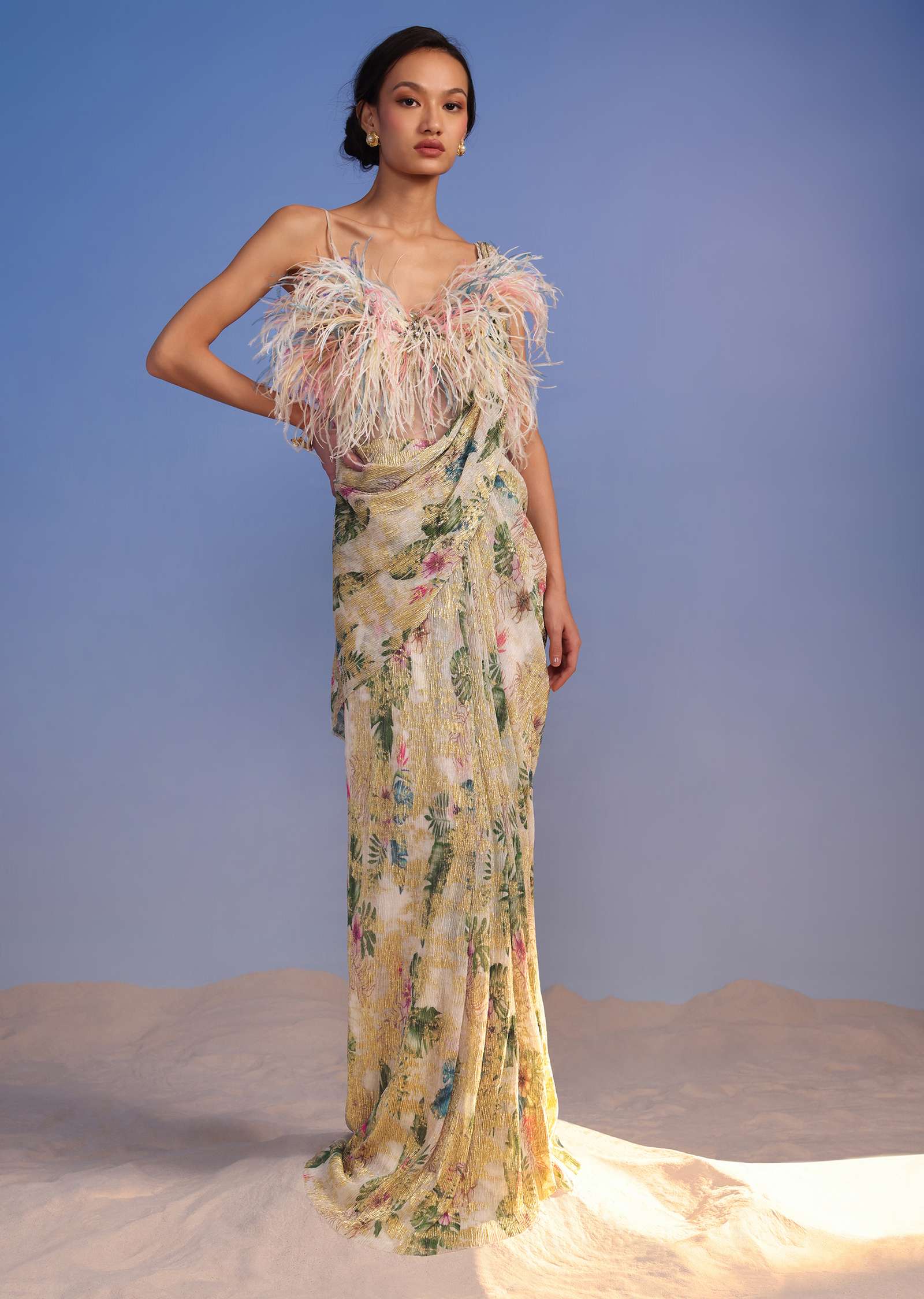 White Ready-To-Wear Saree In Crush With Floral Print And Feather Blouse