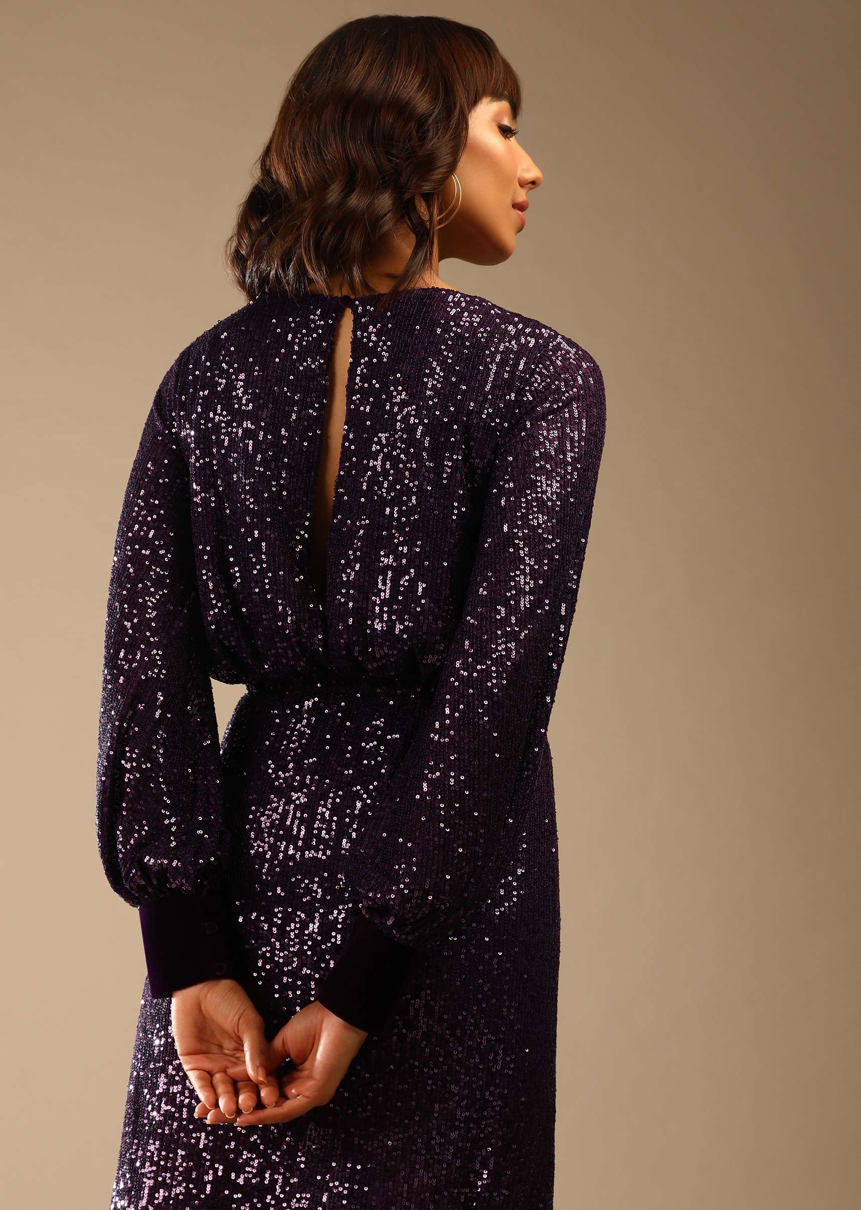 Wine Purple Gown Embellished In Sequins With Cowl Neckline And Peasant Sleeves