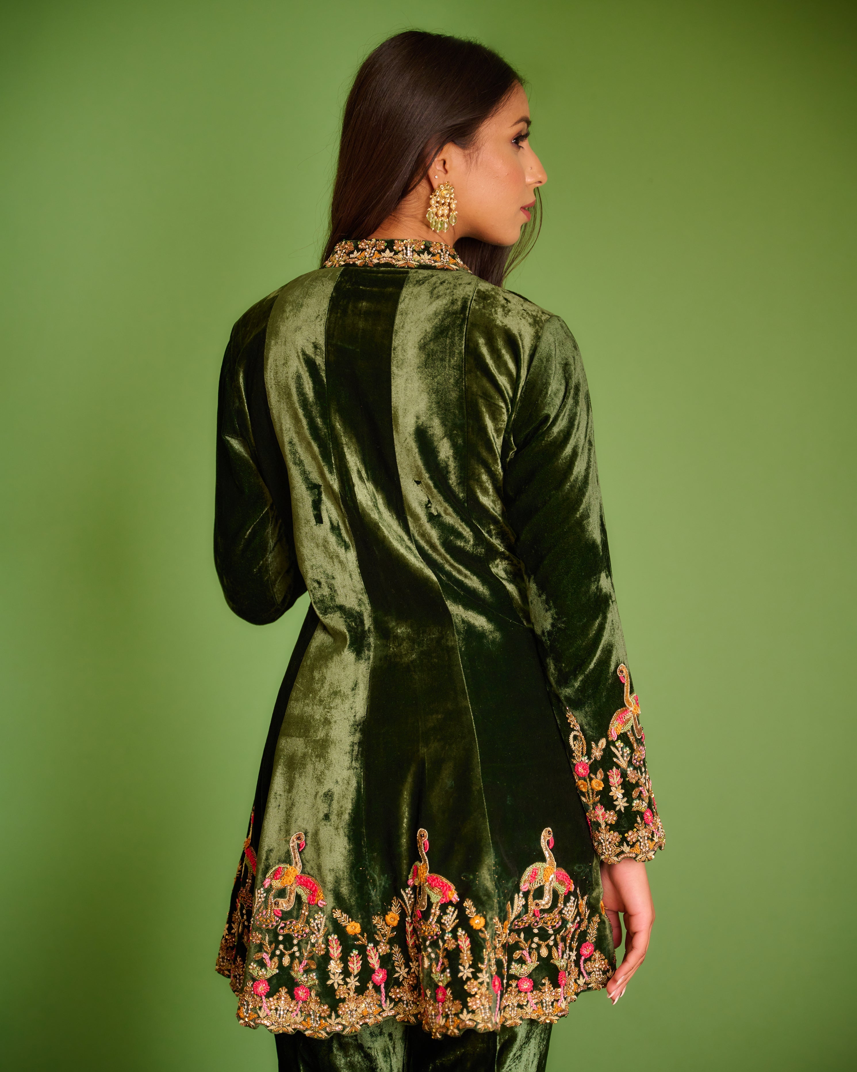 Dark Green Velvet Blazer Set