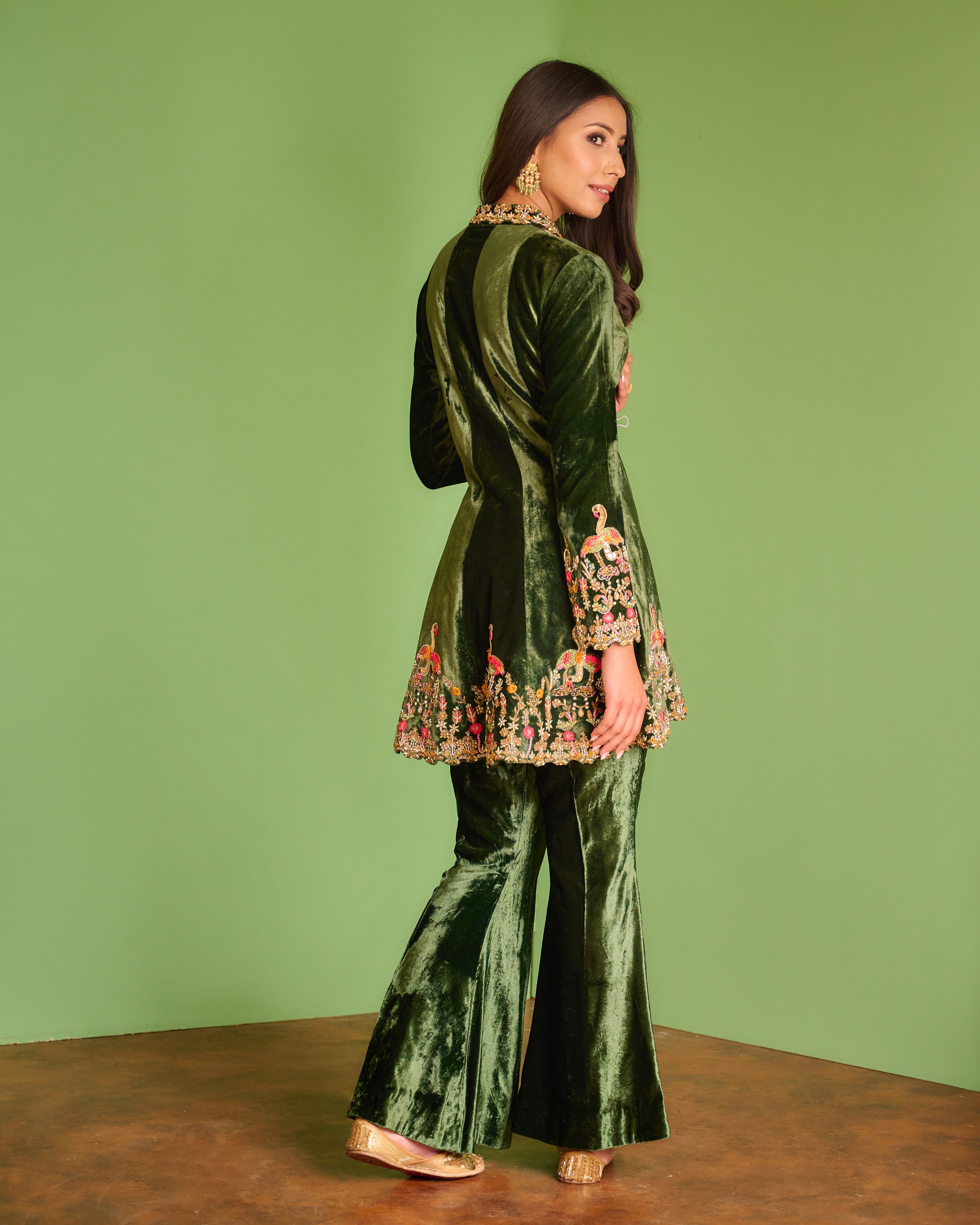 Dark Green Velvet Blazer Set