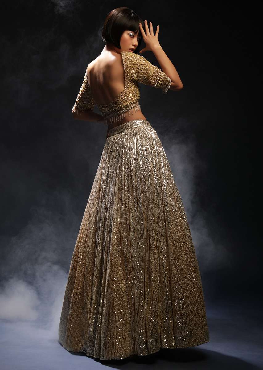 Yellow And Silver Ombre Lehenga Embellished In Sequins With Hand Embroidered Cholid Adorned In Cut Dana And Sequins Work