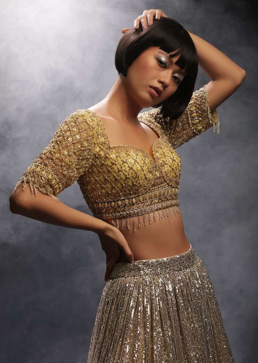 Yellow And Silver Ombre Lehenga Embellished In Sequins With Hand Embroidered Cholid Adorned In Cut Dana And Sequins Work