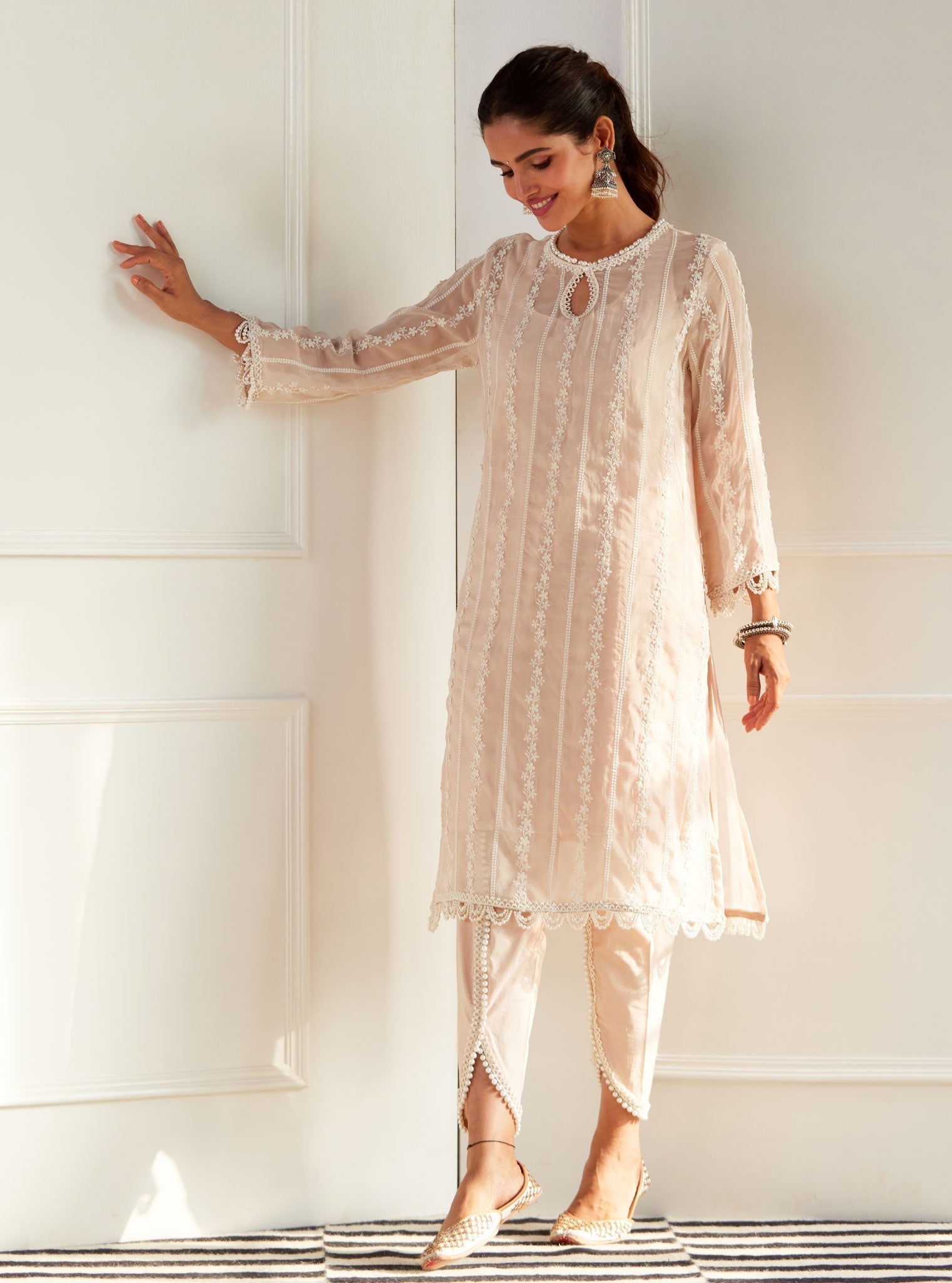 Mulmul Organza Zella Beige Kurta With Cotton Zella Beige Pant