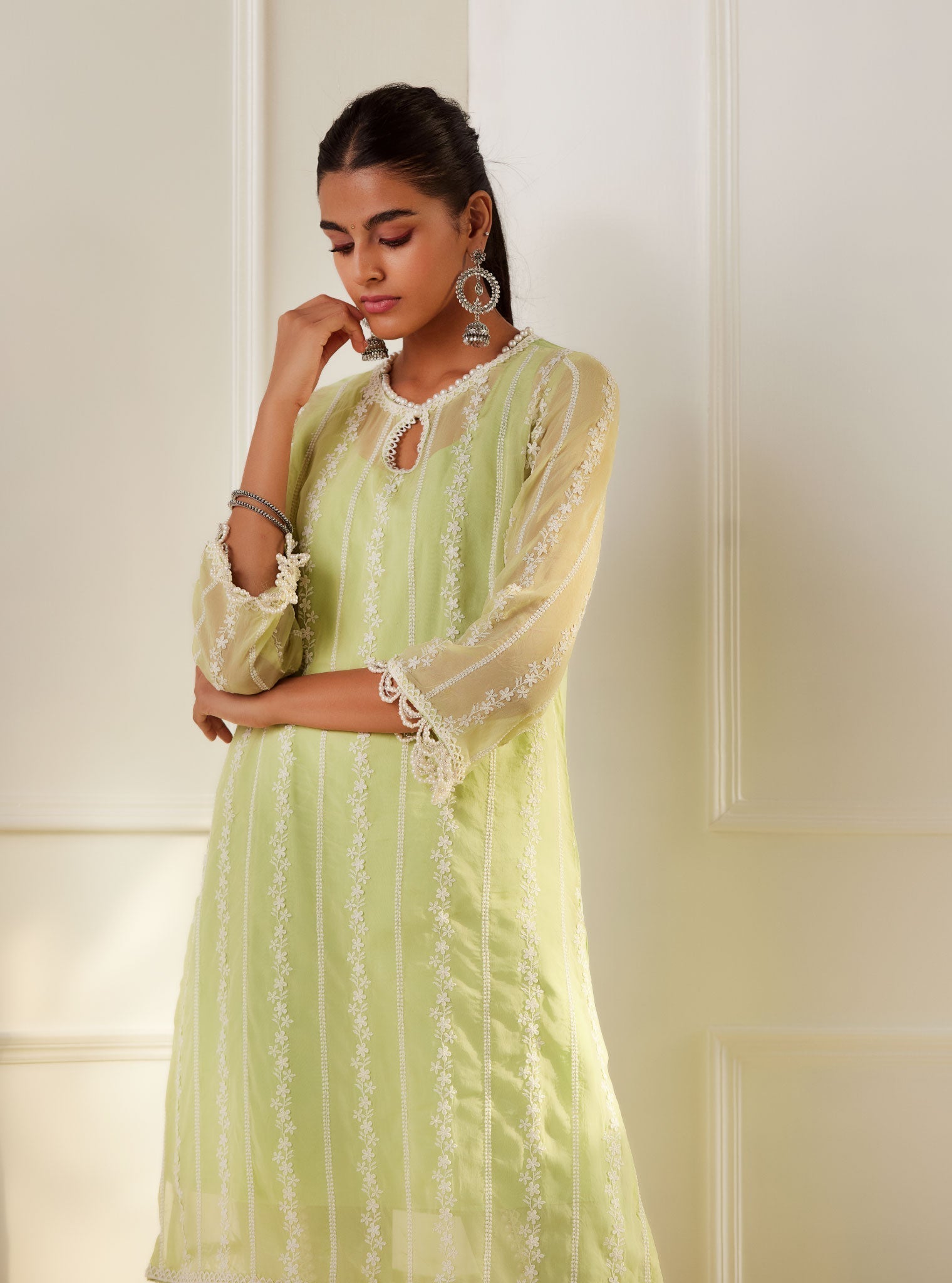 Mulmul Organza Zella Green Kurta With Cotton Zella Green Pant